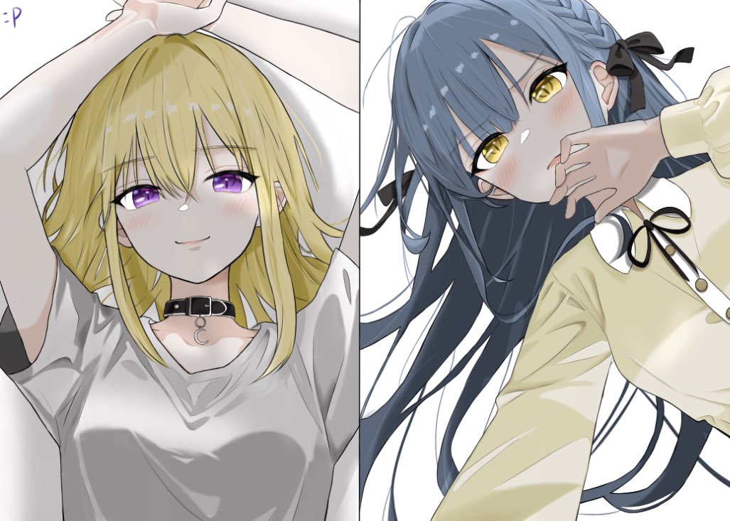 2girls arms_up bang_dream! bang_dream!_it&#039;s_mygo!!!!! black_choker black_ribbon blonde_hair blue_hair blush braid choker closed_mouth commentary_request dress_shirt hair_between_eyes long_hair long_sleeves looking_at_viewer medium_hair misumi_uika momokan_1209 multiple_girls neck_ribbon open_mouth puffy_sleeves purple_eyes ribbon shirt short_sleeves sidelocks togawa_sakiko white_shirt yellow_eyes yellow_shirt yuri
