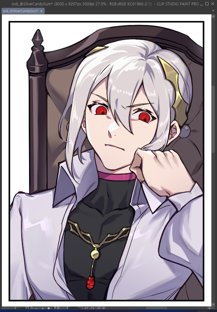 bishounen black_shirt dragon_boy fire_emblem fire_emblem_engage glaring gold_necklace hand_on_own_cheek hand_on_own_face jacket jewelry male_focus mature_male necklace nintendo open_clothes open_jacket rafal_(fire_emblem) red_eyes shirt silvercandy_gum throne white_background white_hair white_jacket