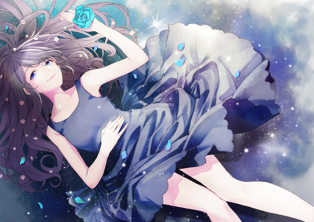 1girl bare_arms bare_legs bare_shoulders blue_dress blue_eyes blue_flower blue_rose dress dutch_angle female_focus flower hand_on_own_chest happy holding holding_flower light_brown_hair light_smile long_hair looking_at_viewer lying on_back original retsuna rose sleeveless sleeveless_dress smile solo star_(symbol) star_symbol_background white_flower