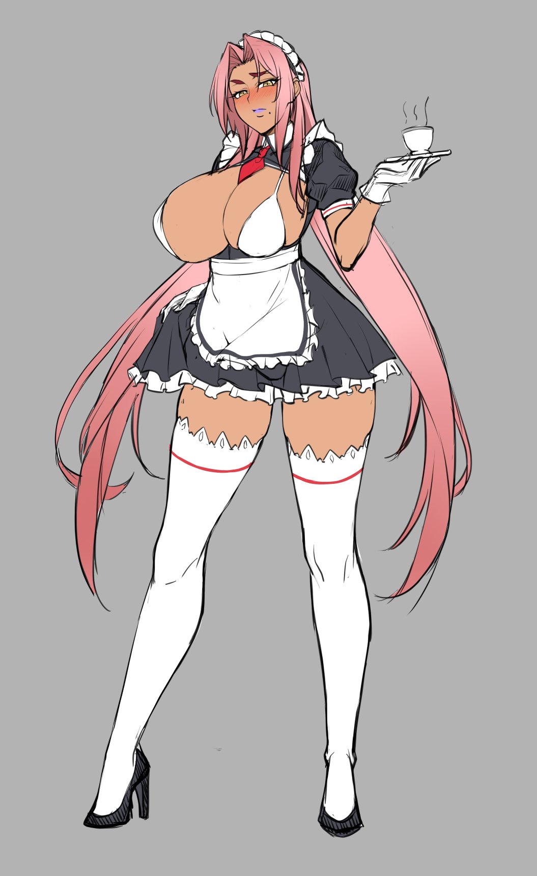 1girl alternate_costume between_breasts black_footwear blush breasts cleavage cup dark-skinned_female dark_skin female_focus frilled_thighhighs frills full_body gloves hair_intakes high_heels highres holding holding_tray huge_breasts ingrid_(taimanin_asagi) lc_7v2 long_hair maid maid_headdress mole mole_under_mouth necktie pink_hair purple_lips red_necktie solo standing steam taimanin_(series) taimanin_murasaki teacup thighhighs thighs tray white_gloves white_thighhighs yellow_eyes zettai_ryouiki