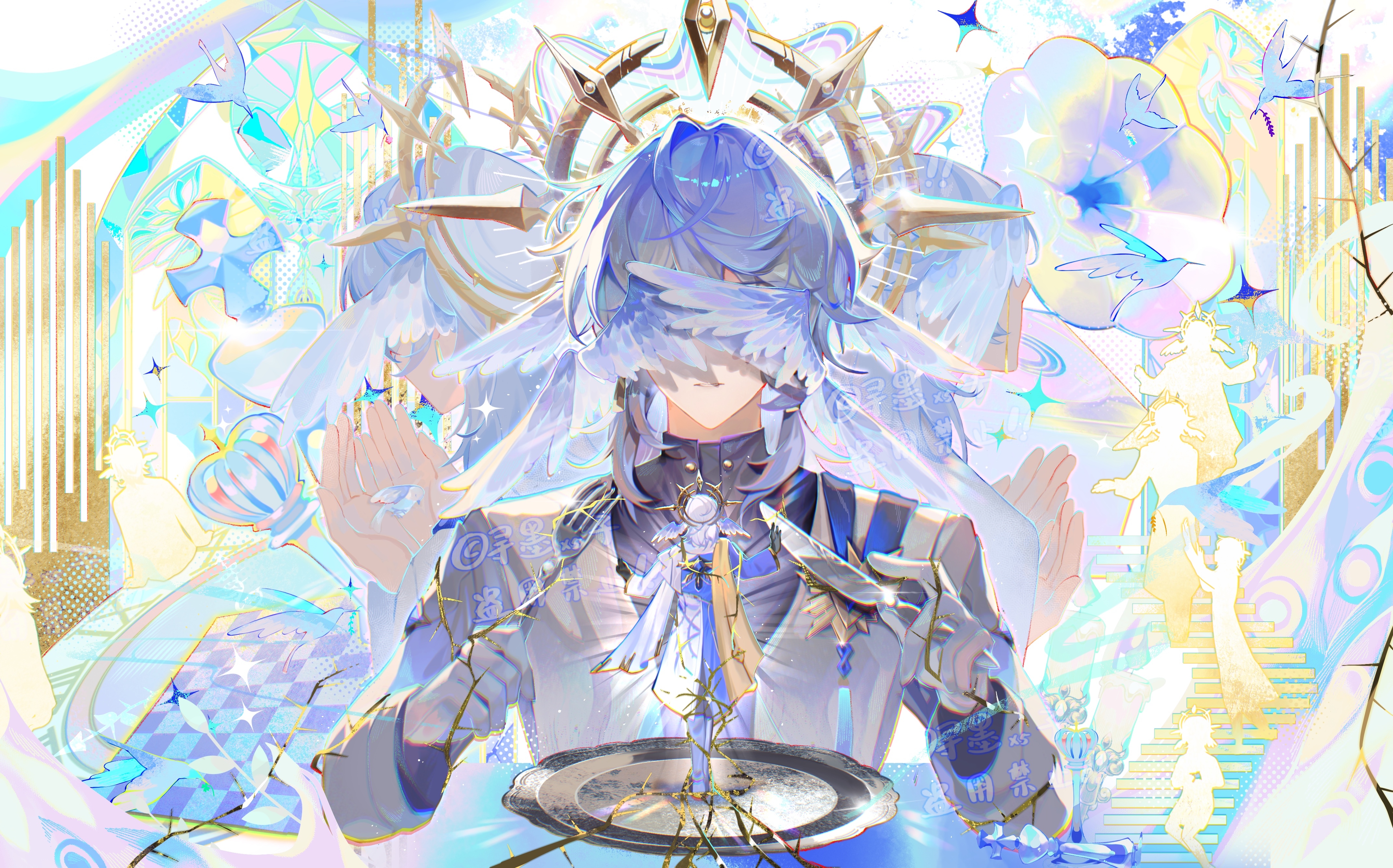 1boy absurdres artist_name bird bird_on_hand black_gloves blue_coat blue_shirt brooch chinese_commentary coat commentary_request covered_eyes cupping_hands earrings entangled feathered_wings glint gloves glowing gold_earrings gold_tears gold_trim grey_hair hair_between_eyes halo halo_behind_head head_wings highres holding_utensil honkai:_star_rail honkai_(series) jacket jewelry layered_sleeves long_sleeves male_focus medium_hair miniature multicolored_coat multiple_persona multiple_views on_stairs own_hands_together parted_lips phonograph plant plate scarf shenjingbing253 shirt silhouette stairs star_(symbol) sunday_(honkai:_star_rail) tassel tears turtleneck turtleneck_shirt vines watermark white_coat white_gloves white_jacket white_scarf white_wings wings yellow_eyes yellow_halo