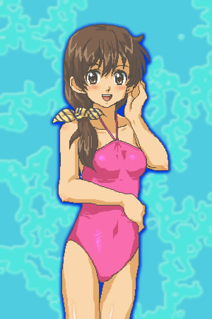 1girl brown_hair famicom_tantei_club female_focus jaggy_lines kasuga_(kasuga39) long_hair looking_at_viewer lowres nintendo one-piece_swimsuit ponytail solo swimsuit tachibana_ayumi