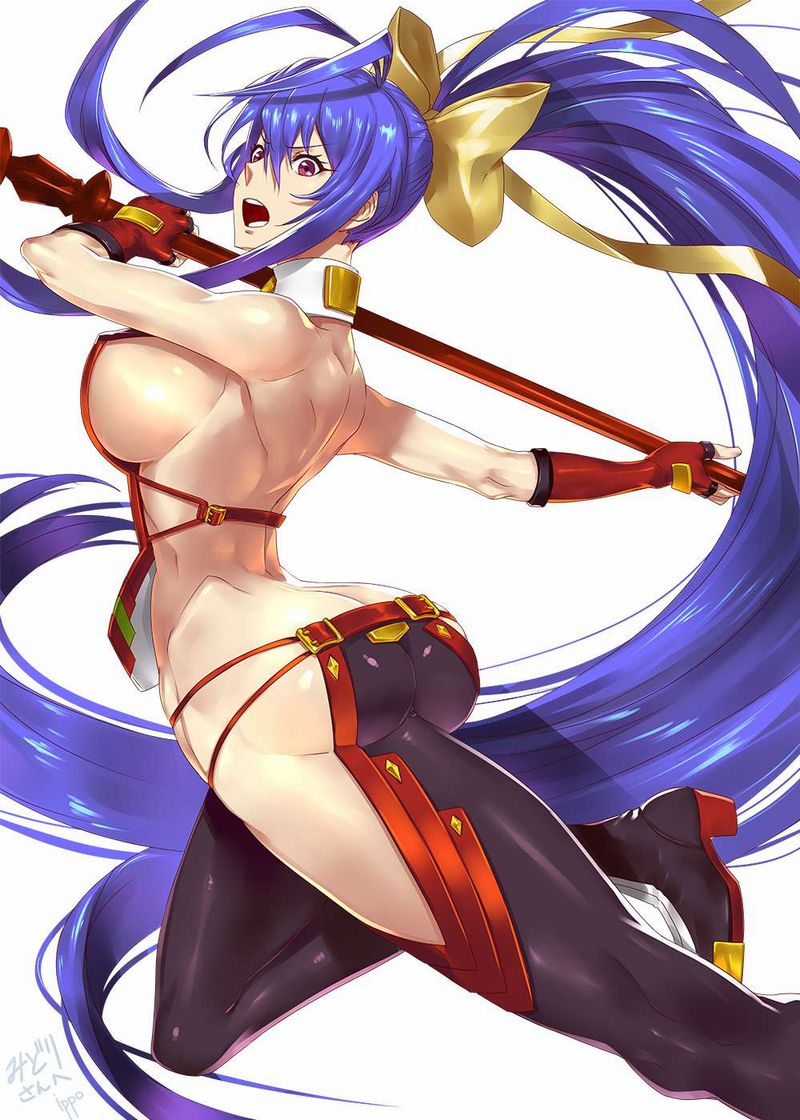 1girl antenna_hair arc_system_works ass attack bare_shoulders blazblue blazblue:_central_fiction boots bow breasts butt_crack from_behind genderswap genderswap_(mtf) gloves hair_bow hair_ribbon halterneck huge_ass large_breasts long_hair looking_at_viewer mai_natsume open_mouth outseal pants polearm ponytail purple_hair red_eyes ribbon shiny_clothes shiny_skin sideboob solo spear very_long_hair weapon