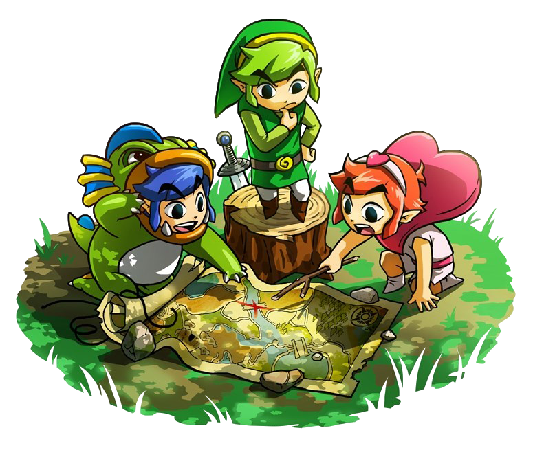 3boys animal_costume belt blue_hair brown_footwear grass green_hair green_headwear green_tunic headband heart holding holding_stick link map multiple_boys multiple_persona nintendo official_art open_mouth pointy_ears red_hair short_hair stick sword teeth the_legend_of_zelda the_legend_of_zelda:_tri_force_heroes toon_link transparent_background tree_stump tunic upper_teeth_only weapon