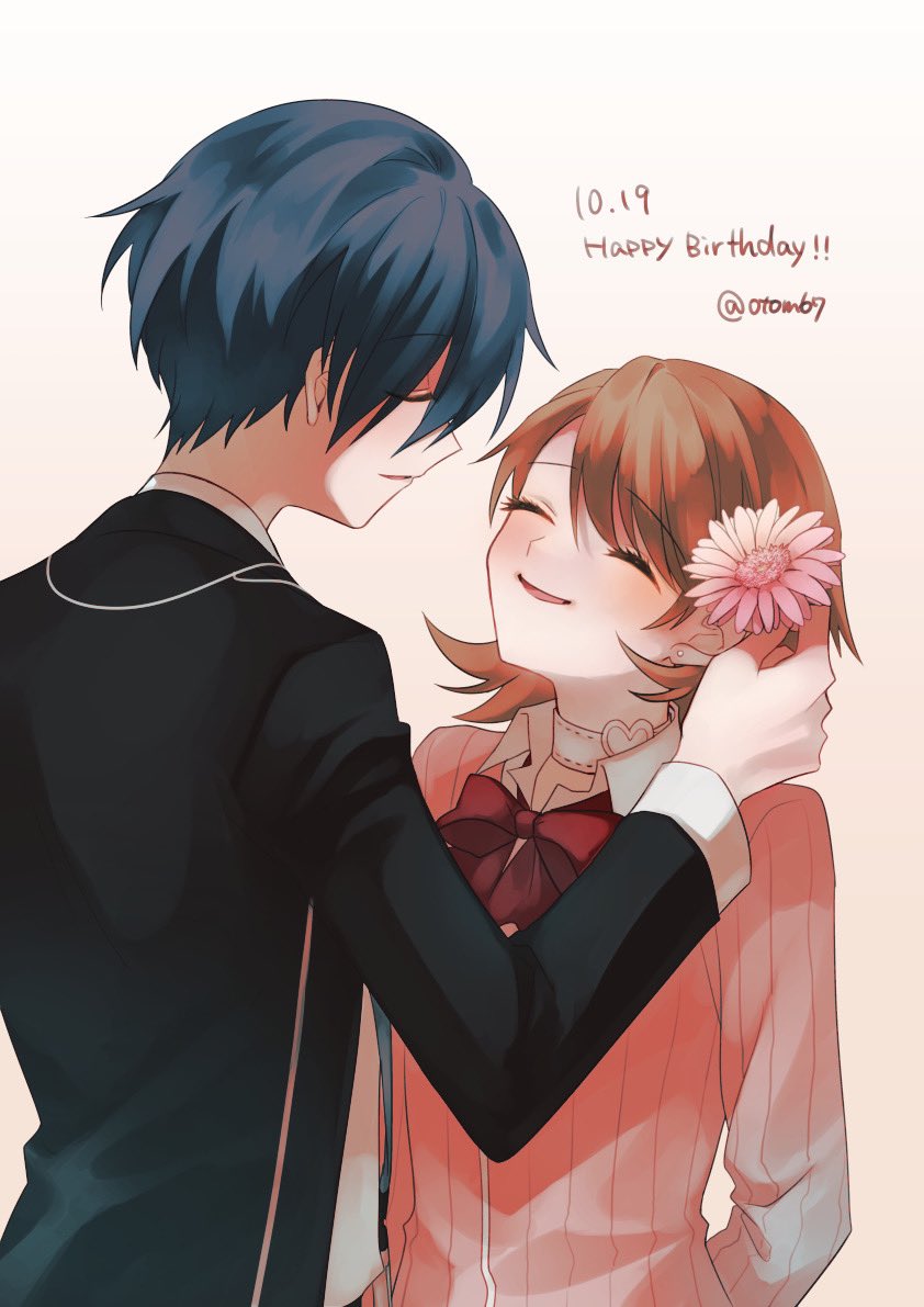 1boy 1girl arms_behind_back birthday black_jacket blue_hair blush bow bowtie brown_hair cardigan choker closed_eyes collared_shirt commentary_request couple dark_blue_hair dated digital_media_player digital_walkman earrings facing_another flower gradient_background hair_flower hair_ornament happy_birthday heart heart_choker height_difference holding holding_flower jacket jewelry loose_bowtie open_clothes open_jacket parted_lips persona persona_3 pink_cardigan pink_flower profile red_bow red_bowtie ribbed_cardigan shirt short_hair smile stud_earrings takeba_yukari tomato_(otom67) twitter_username upper_body walkman_nw-s203f white_choker white_shirt yuuki_makoto_(persona_3)