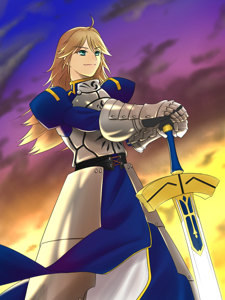 1girl ahoge armor artoria_pendragon_(fate) blonde_hair breastplate cloud cosplay dress excalibur_(fate/stay_night) excalibur_(mythology) fate_(series) faulds female_focus gauntlets green_eyes hands_on_hilt hoshii_miki idolmaster idolmaster_(classic) long_hair saber_(fate) saber_(fate)_(cosplay) shuri_yashiki sky smile solo