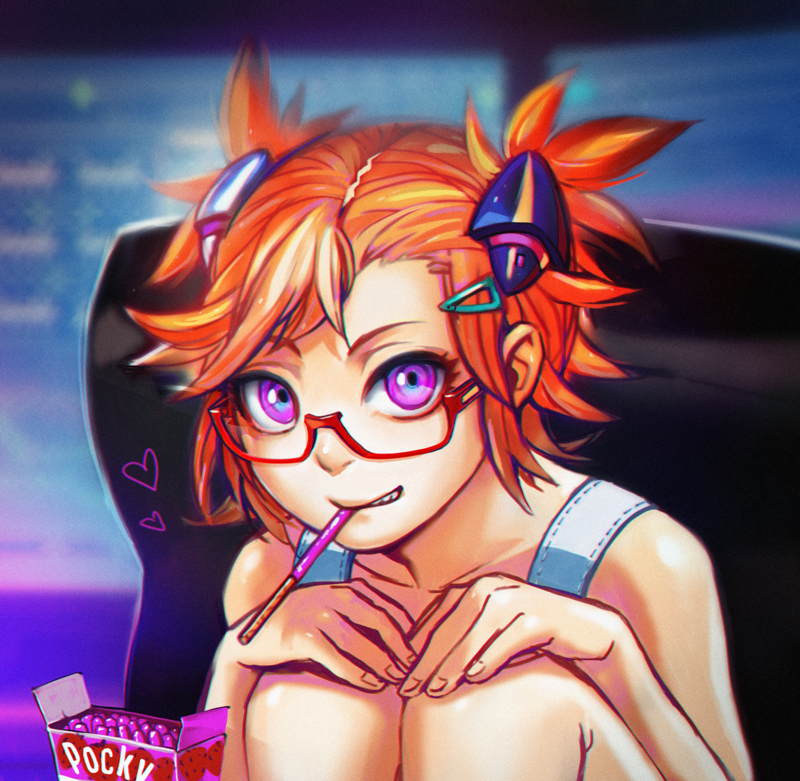 1girl captain_earth female_focus food hair_ornament hosino_hikaru looking_at_viewer orange_hair pocky purple_eyes short_hair smile solo swept_bangs yomatsuri_akari