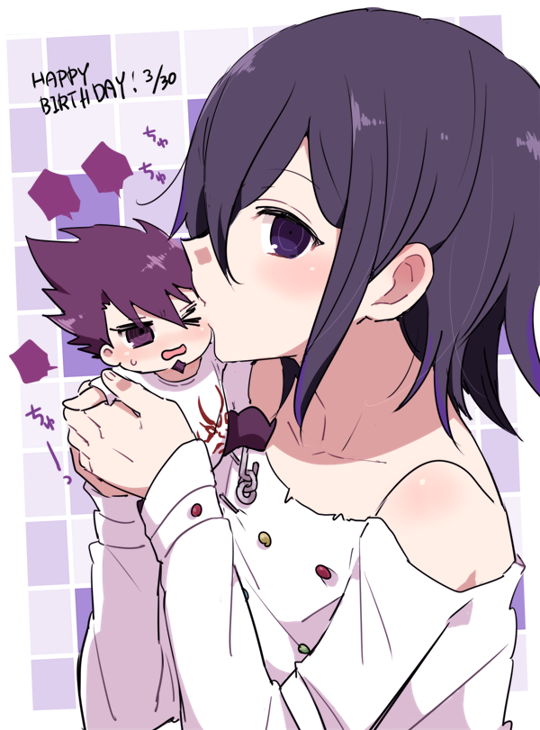 2boys bare_shoulders birthday blank_speech_bubble blush buttons chain chibi collarbone commentary_request danganronpa_(series) danganronpa_v3:_killing_harmony facial_hair flipped_hair from_side goatee hair_between_eyes happy_birthday holding holding_mini_person kiss kissing_cheek long_sleeves looking_at_viewer male_focus medetai medium_hair mini_person momota_kaito multicolored_buttons multiple_boys no_scarf off_shoulder oma_kokichi one_eye_closed open_mouth print_shirt purple_eyes purple_facial_hair purple_hair shiny_skin shirt short_hair simple_background speech_bubble spiked_hair struggling upper_body yaoi