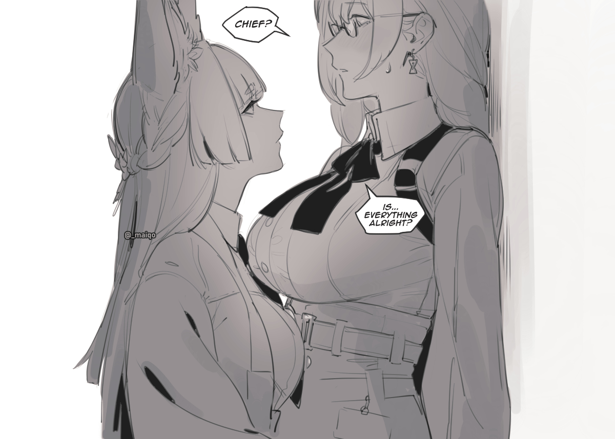 2girls animal_ears blush breasts earrings glasses height_difference hoshimi_miyabi jacket jewelry large_breasts long_hair maiqo medium_breasts multiple_girls tsukishiro_yanagi yuri zenless_zone_zero