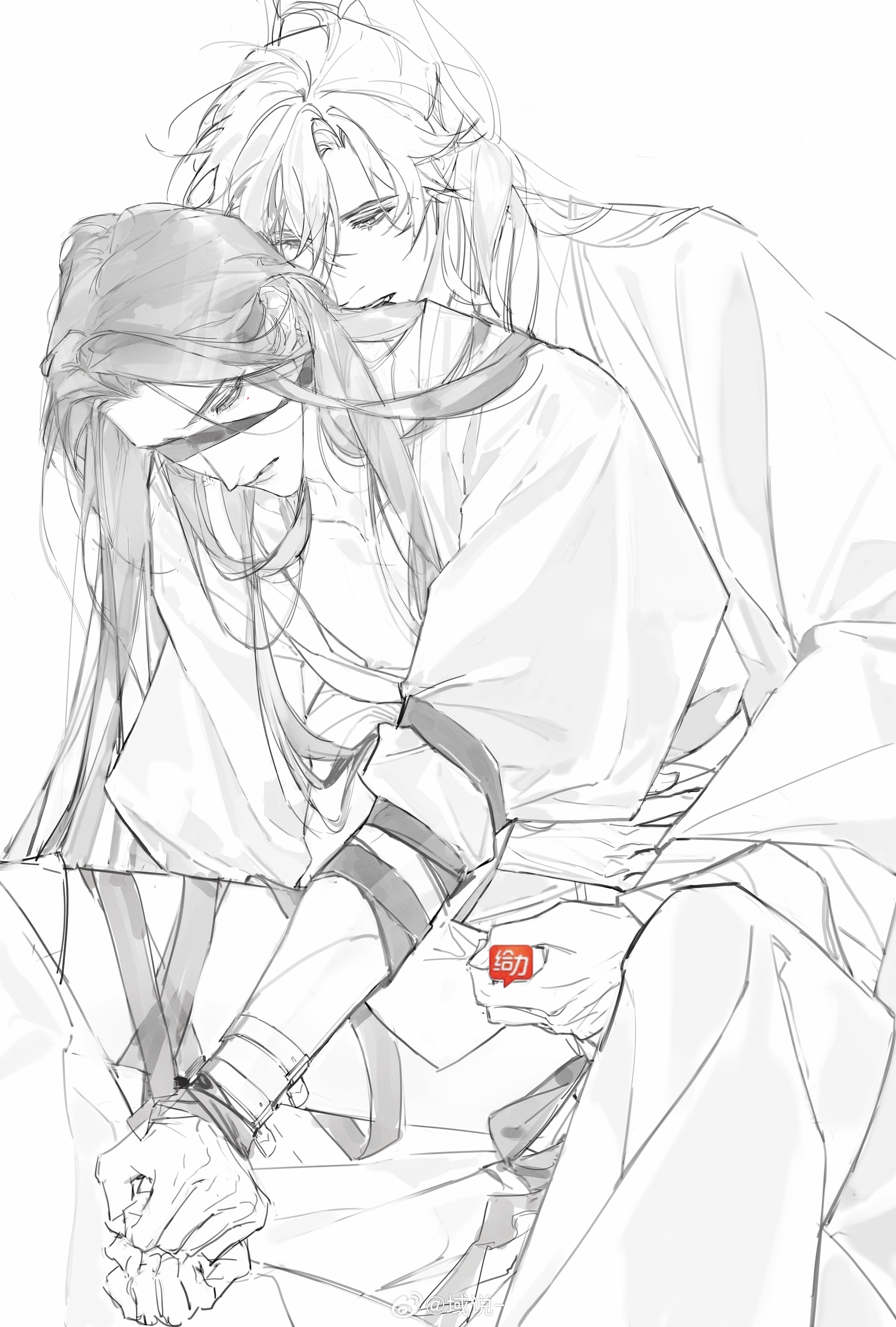 2boys absurdres arm_around_waist bare_pectorals bdsm biting blindfold bondage bound bound_wrists censored chang_geng chinese_clothes clenched_hands clenched_teeth commentary emoji emoji_censor greyscale gu_yun handjob hanfu high_ponytail highres long_hair long_sleeves looking_at_another looking_down male_focus monochrome multiple_boys neck_biting nipples no_pants open_clothes parted_lips pectorals ponytail sha_po_lang simple_background sitting strap symbol-only_commentary teeth watermark weibo_watermark yaoi yu_shuo_de_nian_ji_zhu