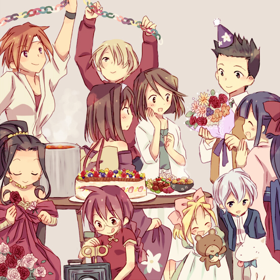 00s 1boy 6+girls antique_camera arms_behind_back black_hair blonde_hair blue_eyes blush bouquet bow braid brown_eyes brown_hair cake camera china_dress chinese_clothes closed_eyes curly_hair dog dougi dress earrings flower food freckles fujieda_kaede glasses grey_hair hair_bow hair_over_one_eye hairband hakama hakama_skirt hand_on_own_cheek hand_on_own_face hands_on_lap hat iris_chateaubriand japanese_clothes jean-paul jewelry kanzaki_sumire kimono kirishima_kanna looking_at_another looking_to_the_side maria_tachibana meiji_schoolgirl_uniform multiple_girls necklace obi oogami_ichirou oven_mitts pants paper_chain party party_hat pink_bow plate purple_background purple_hair red_bow red_dress red_hair red_shirt reni_milchstrasse reverse_trap ri_kouran rose sakura_taisen sakura_taisen_ii sash sega shinguuji_sakura shirt short_hair simple_background sitting skirt snack soletta_orihime soup spiked_hair steam strapless strapless_dress stuffed_animal stuffed_toy table teddy_bear tongue tongue_out tranquillo_barnetta twin_braids wato