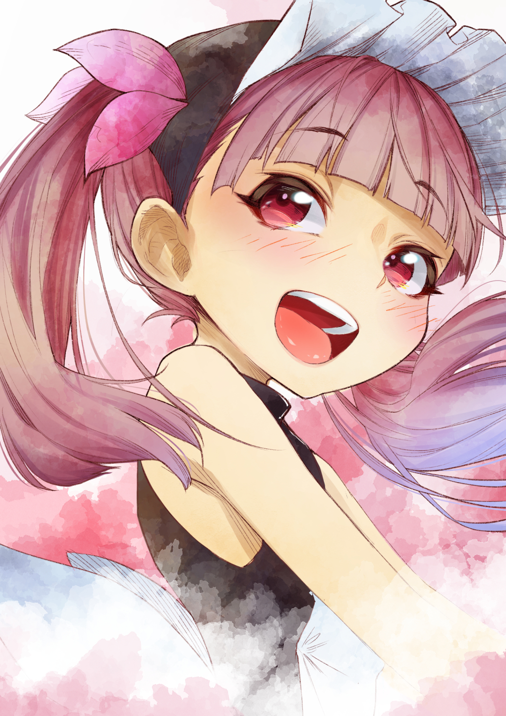1girl back_bow bare_shoulders black_shirt blunt_bangs blush bow child cluseller female_focus flat_chest from_side happy highres kemurikusa long_hair looking_to_the_side maid_headdress open_mouth pink_background pink_hair red_eyes rina_(kemurikusa) shirt simple_background sleeveless sleeveless_shirt smile solo teeth tongue twintails upper_body
