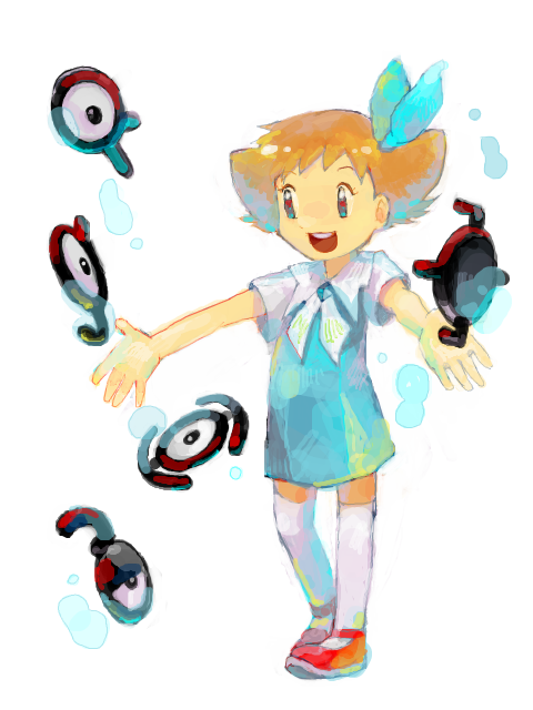 1girl alternate_form child dress gen_2_pokemon kaibashira molly_hale nintendo pokemon pokemon_(anime) pokemon_(classic_anime) pokemon_(creature) pokemon_3:_the_movie_-_spell_of_the_unown:_entei ribbon short_hair simple_background smile tegaki thighhighs unown unown_? unown_a unown_e unown_h unown_j