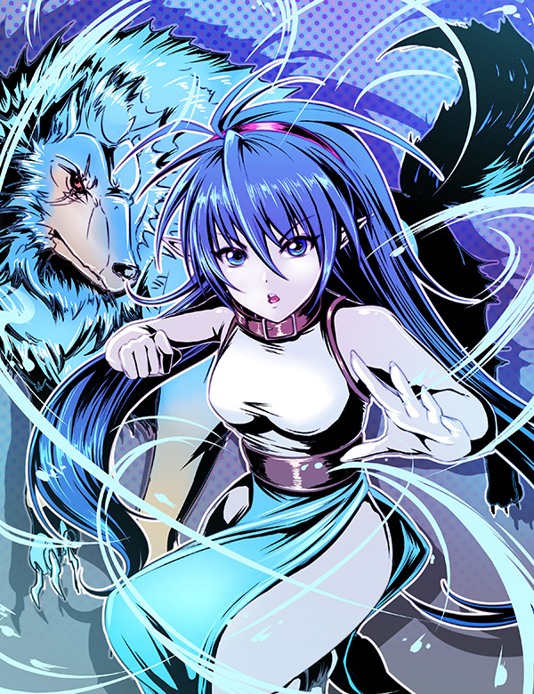 00s 1girl amasaki_yusuke blue_background blue_eyes blue_hair blue_skin blue_theme celsius_(tales) clenched_hand colored_skin hairband halterneck long_hair pelvic_curtain pointy_ears serious tales_of_(series) tales_of_eternia very_long_hair wolf
