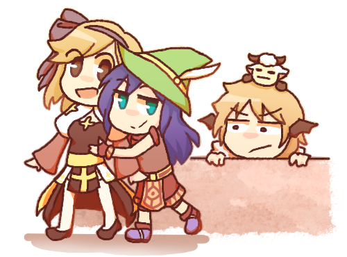 1boy 2girls :d amistr_(ragnarok_online) arch_bishop_(ragnarok_online) black_eyes black_hairband black_shoes blckbrd17 blonde_hair blue_boots blue_eyes boots brown_dress brown_gloves brown_shorts chibi chibi_only cleavage_cutout closed_mouth clothing_cutout commission cross dress fingerless_gloves frown full_body gloves green_hat hairband hat juliet_sleeves long_hair long_sleeves looking_at_another lowres multiple_girls novice_(ragnarok_online) open_mouth puffy_sleeves purple_hair ragnarok_online sash shadow_chaser_(ragnarok_online) sheep shoes short_hair shorts smile smug swept_bangs thighhighs two-tone_dress v-shaped_eyebrows white_background white_dress white_thighhighs witch_hat yellow_sash