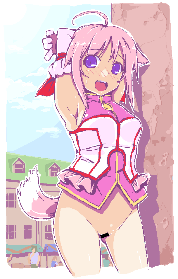 1girl ahoge animal_ears armpits arms_behind_head arms_up bar_censor blue_sky blush bodice bottomless building censored cleft_of_venus cloud commentary_request cropped_legs day dog_days dog_ears dog_girl dog_tail elbow_gloves embarrassed exhibitionism faceless furrowed_brow gloves himizuki_kazusa looking_at_viewer market_stall millhiore_f._biscotti nose_blush open_mouth outdoors partial_commentary people pink_hair public_indecency purple_eyes purple_gloves purple_shirt pussy shirt sideways_glance sky sleeveless sleeveless_shirt solo_focus standing sweatdrop tail teeth upper_teeth_only window