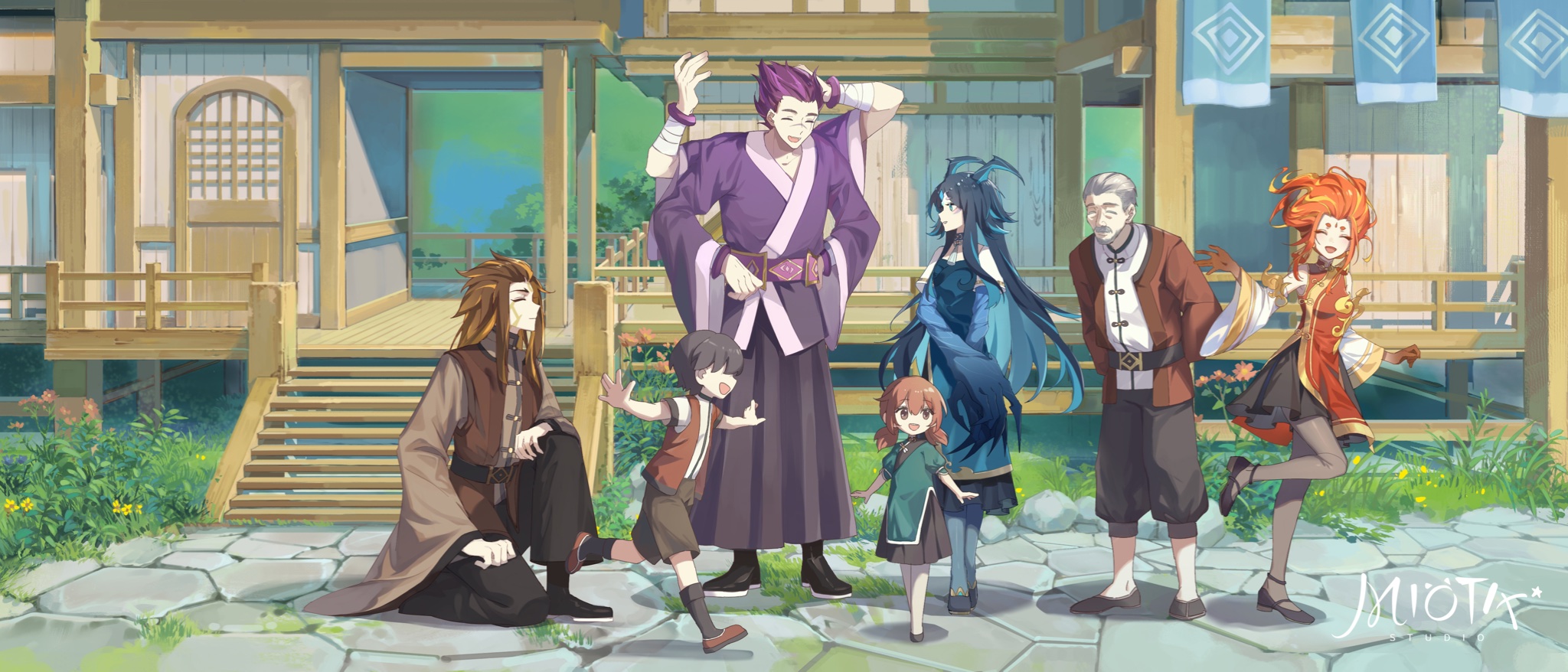 3boys 4boys artist_logo bonanus_(genshin_impact) bosacius_(genshin_impact) child chinese_clothes chinese_commentary commentary_request darkcatowo extra_arms genshin_impact hands_on_own_hips highres indarias_(genshin_impact) logo menogias_(genshin_impact) multiple_boys playing purple_hair