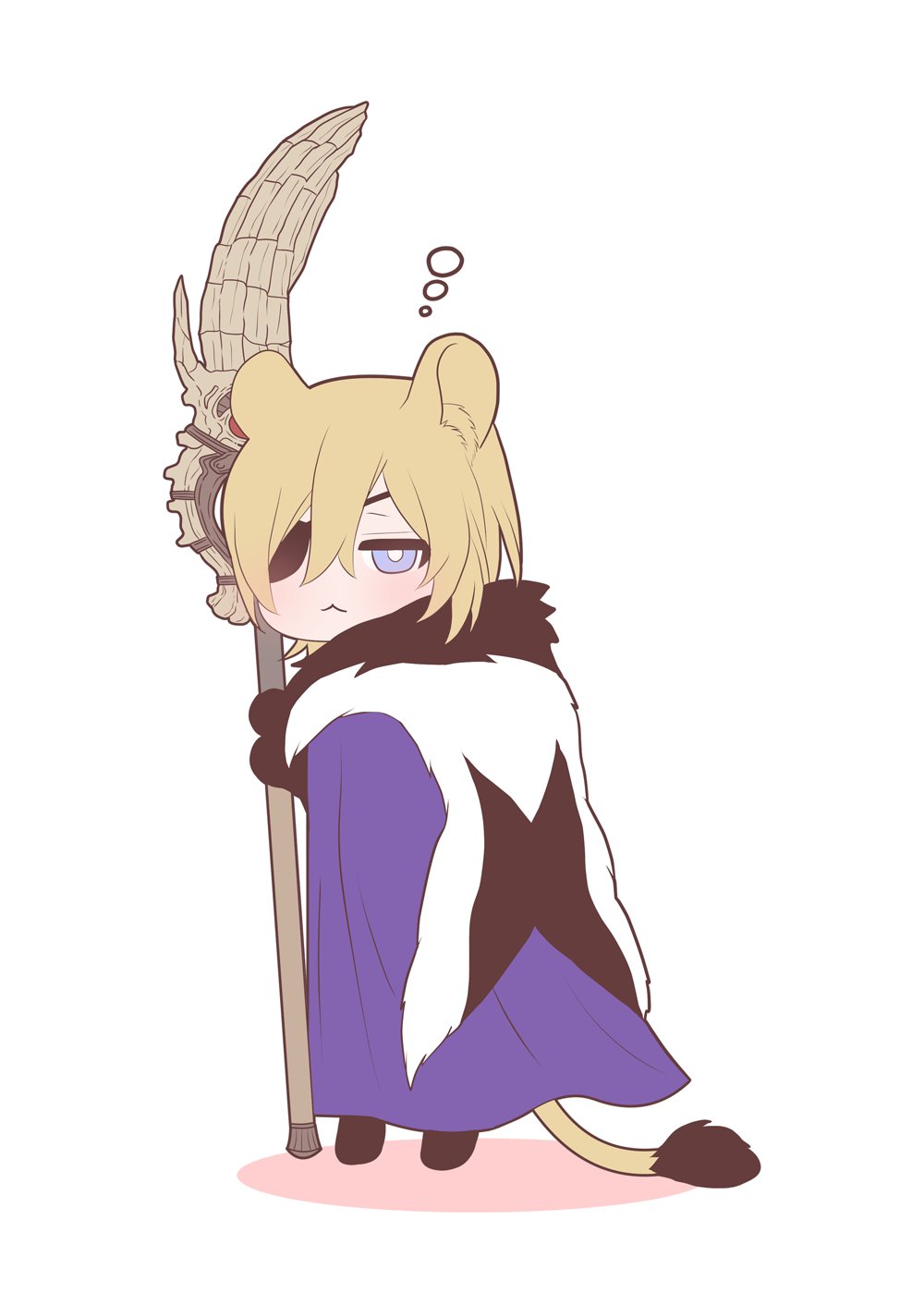 1boy :&lt; animal_ears areadbhar_(fire_emblem) black_fur black_gloves blonde_hair blue_cape blue_eyes cape closed_mouth commentary dimitri_alexandre_blaiddyd dimitri_alexandre_blaiddyd_(timeskip) english_commentary eyepatch fire_emblem fire_emblem:_three_houses full_body gloves hair_between_eyes highres holding holding_polearm holding_weapon jitome kemonomimi_mode lion_boy lion_ears lion_tail looking_at_viewer male_focus megubiru nintendo one_eye_covered ornate_weapon parted_bangs polearm shadow simple_background solo squeans standing tail weapon white_background white_fur