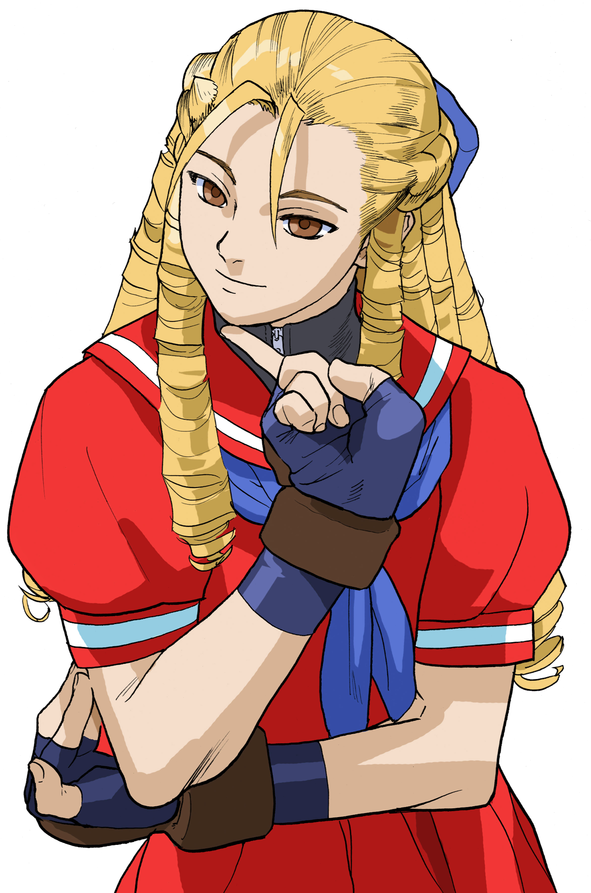 1girl antenna_hair bengus black_undershirt blonde_hair blue_eyes bow brown_eyes finger_to_own_chin game_cg hair_bow hand_on_own_elbow highres kanzuki_karin long_hair looking_at_viewer non-web_source official_art portrait red_sailor_collar red_serafuku ringlets sailor_collar school_uniform serafuku simple_background smile smirk smug solo street_fighter street_fighter_zero_(series) upper_body white_background zipper