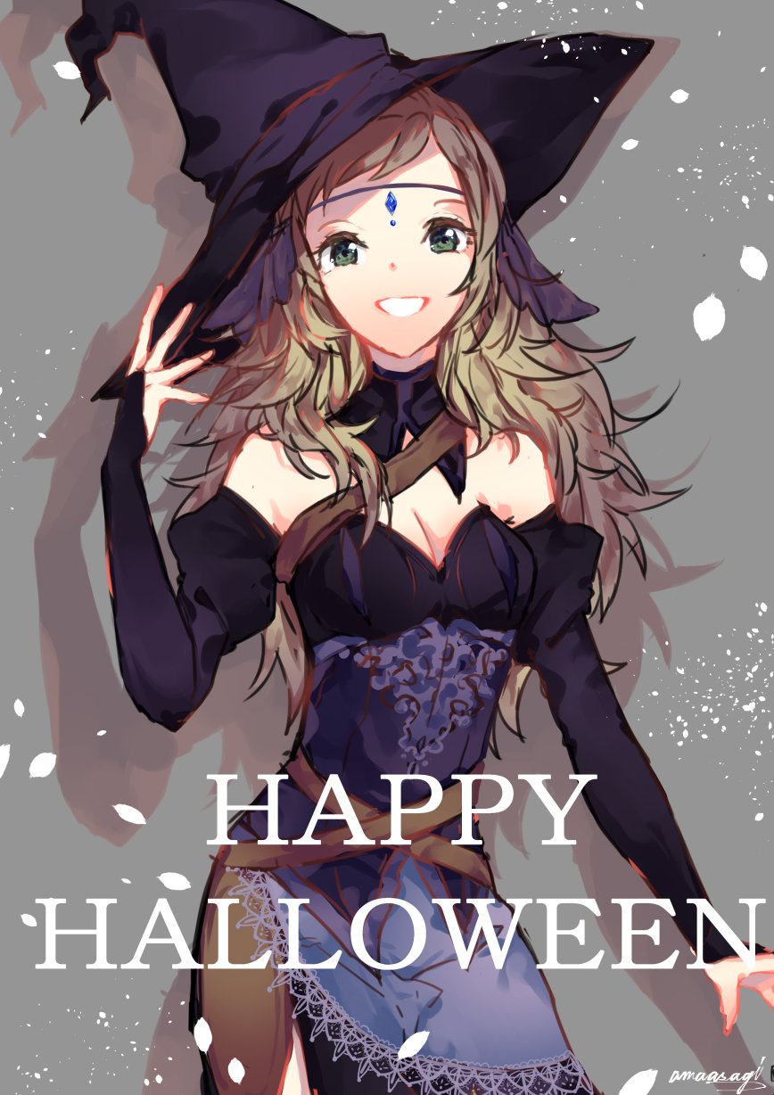 1girl alternate_costume ama_asagi bare_shoulders belt blonde_hair circlet fire_emblem fire_emblem_fates grey_eyes hat highres long_hair looking_at_viewer nintendo ophelia_(fire_emblem) smile solo upper_body witch_hat