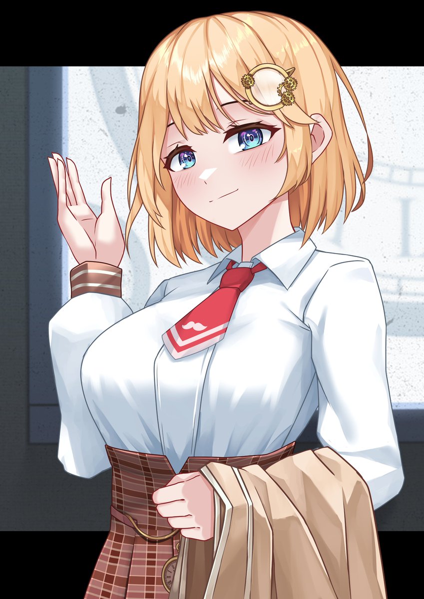 1girl blonde_hair blue_eyes bob_cut breasts closed_mouth hair_ornament highres holding holding_unworn_clothes hololive hololive_english long_sleeves looking_at_viewer shirt shuazir skirt smile solo virtual_youtuber watson_amelia watson_amelia_(1st_costume) white_shirt