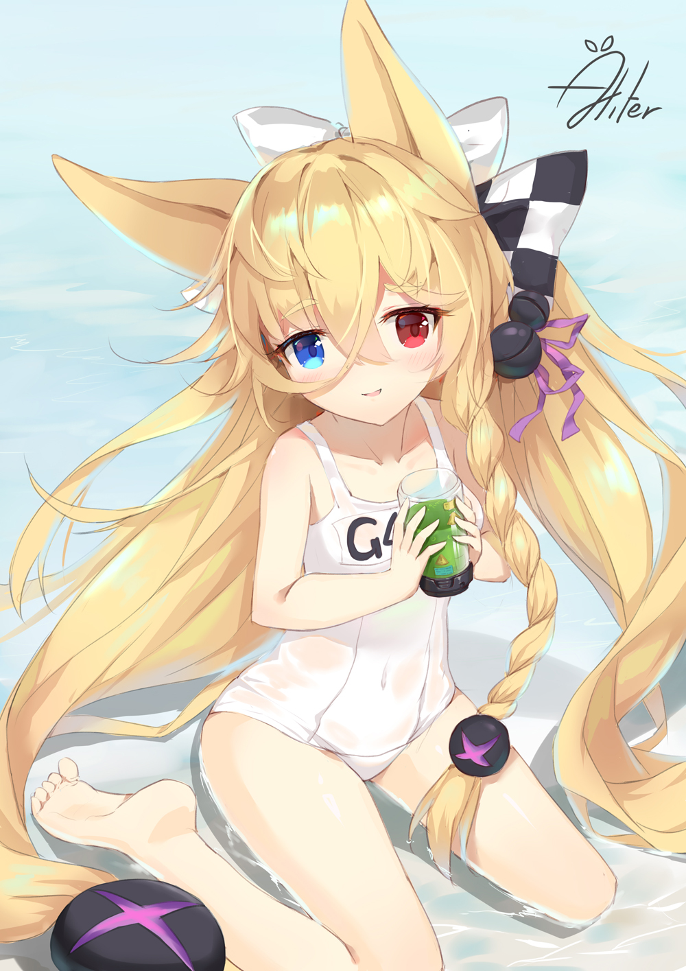 1girl aliter animal_ears bare_legs barefoot blonde_hair blue_eyes blush bow character_name checkered_bow checkered_clothes collarbone commentary covered_navel day female_focus fox_ears g41_(beach_punk_2064)_(girls&#039;_frontline) g41_(girls&#039;_frontline) girls&#039;_frontline hair_between_eyes hair_bow hair_ribbon head_tilt heterochromia highres holding long_hair low-tied_long_hair name_tag ocean official_alternate_costume old_school_swimsuit one-piece_swimsuit outdoors parted_lips purple_ribbon red_eyes ribbon school_swimsuit see-through_clothes shallow_water signature sitting smile soles solo swimsuit very_long_hair wariza water wet wet_clothes wet_swimsuit white_bow white_one-piece_swimsuit
