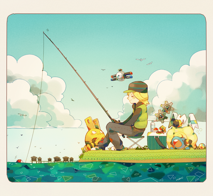1boy blonde_hair border bottle closed_eyes closed_mouth cloud curtis_(pokemon) day elekid fishing from_side gen_1_pokemon gen_2_pokemon gen_3_pokemon gen_5_pokemon green_jacket jacket joltik klink magnemite male_focus nintendo outdoors pokemon pokemon_(creature) pokemon_bw2 sitting sky summer tamamochi water_bottle water_cooler white_border wingull