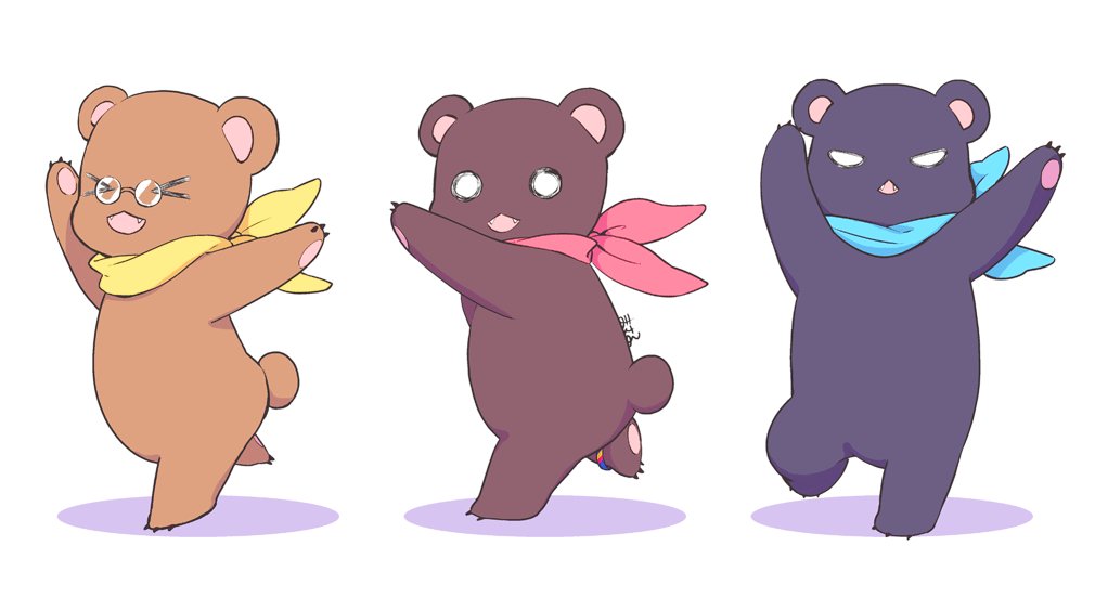 animalization bandana bear blue_bandana creator_connection glasses jinnai_enta kuji_toi male_focus no_humans red_bandana round_eyewear sarazanmai signature simple_background white_background yasaka_kazuki yellow_bandana yuri_kuma_arashi