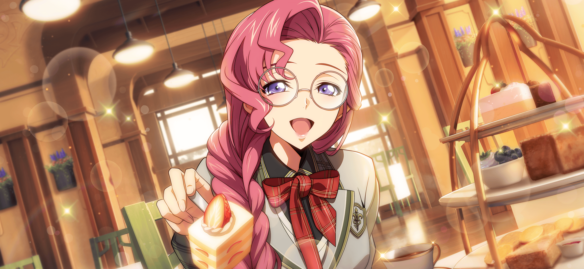 1girl arm_at_side artist_request blue_eyes blueberry blurry blurry_background bokeh bow bowtie braid breasts cafe cake cake_slice code_geass code_geass:_lost_stories cream cup depth_of_field dutch_angle euphemia_li_britannia female_focus food forehead fork fruit game_cg glasses grey_jacket hair_over_shoulder half-closed_eyes hand_up happy highres holding holding_food holding_fork incoming_food indoors jacket long_hair long_sleeves looking_at_viewer non-web_source official_art open_mouth pink_hair plaid_bow plaid_bowtie plaid_clothes red_bow red_bowtie round_eyewear school_uniform sidelocks single_braid small_breasts smile solo sparkle strawberry strawberry_shortcake tea teacup tiered_tray upper_body white-framed_eyewear