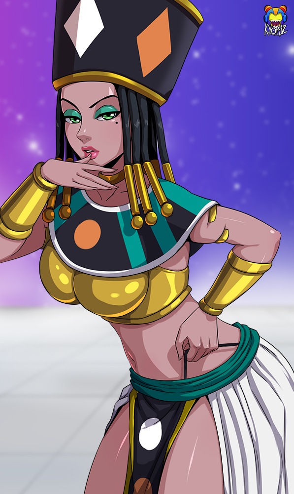 1girl bracer breasts dragon_ball dragon_ball_super eyebrows eyeshadow feet_out_of_frame female_focus fingernails green_eyes green_eyeshadow helles large_breasts lips lipstick long_hair looking_at_viewer makeup mole mole_under_eye navel nose panties parted_lips shiny_skin solo tagme underwear