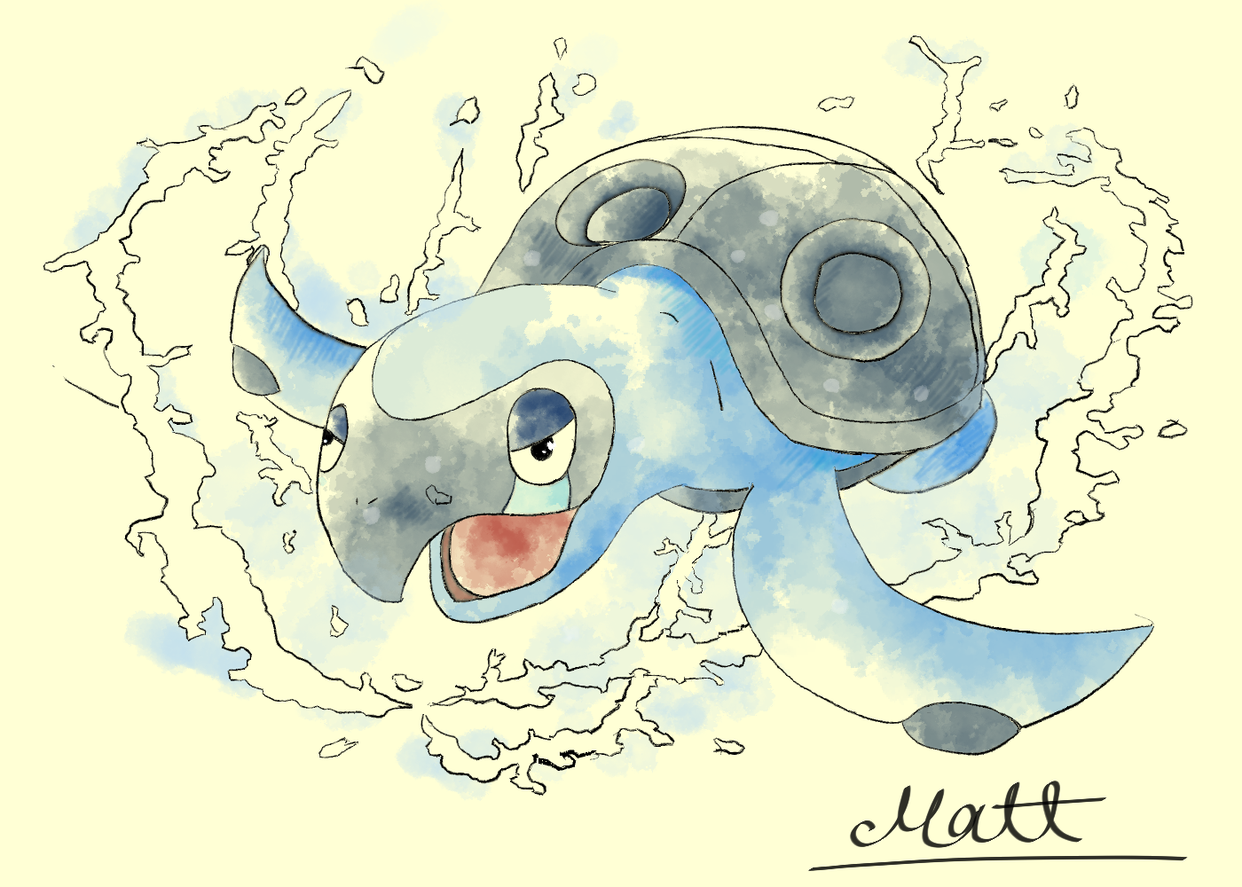 animal_focus gen_5_pokemon half-closed_eyes nintendo no_humans nostrils open_mouth painting_(medium) pokematya pokemon pokemon_(creature) signature simple_background solo tirtouga traditional_media turtle_shell water watercolor_(medium)