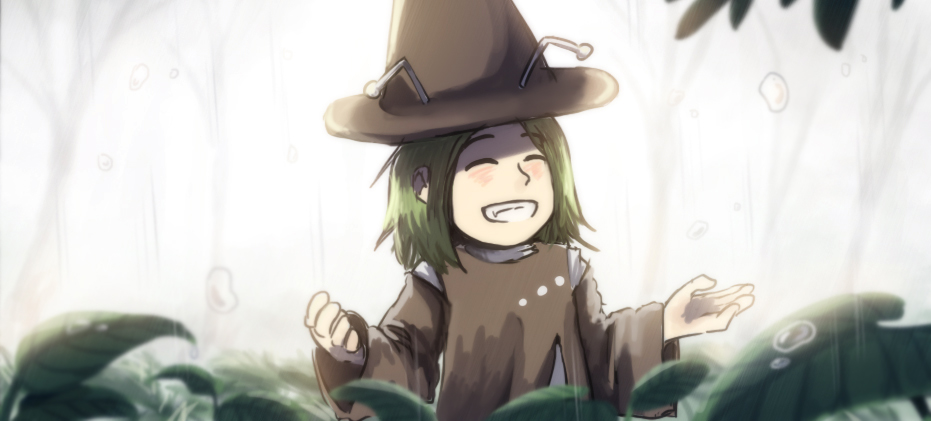 1other ^_^ amanomori_shou androgynous antennae brown_headwear brown_sleeves brown_vest closed_eyes commentary detached_sleeves english_commentary fang fog forest green_hair grin layered_sleeves leaf len&#039;en long_sleeves medium_hair mixed-language_commentary nature other_focus outdoors outstretched_hand pointy_hat rain shirt smile solo upper_body vest water_drop white_background white_shirt wide_sleeves yamanoskk