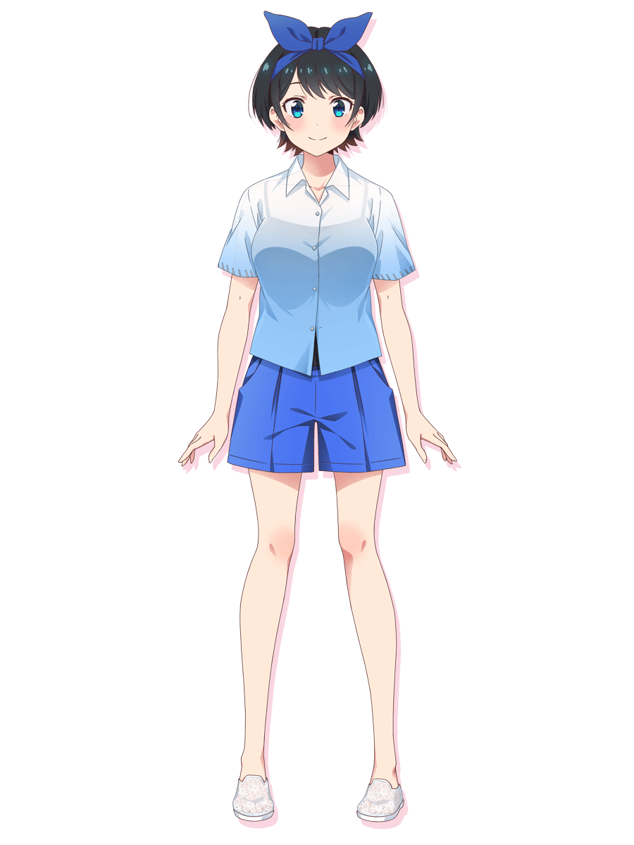 1girl arms_at_sides bare_legs black_hair blue_eyes blue_hairband blue_shirt blue_shorts breasts closed_mouth collared_shirt drop_shadow full_body grey_shoes hairband highres kanojo_okarishimasu large_breasts light_blush official_art sarashina_ruka shirt shoes short_hair shorts simple_background smile solo standing straight-on swept_bangs tachi-e transparent_background