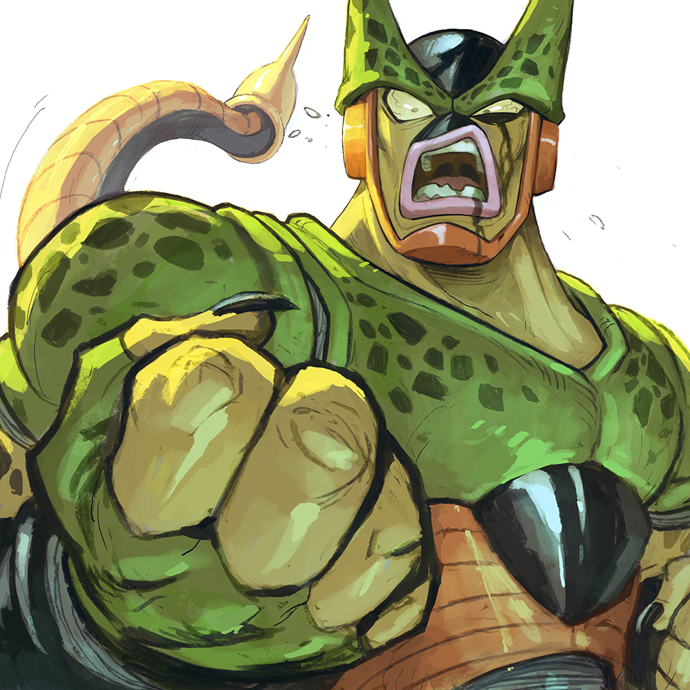 1boy black_nails cell_(dragon_ball) clenched_hand commentary constricted_pupils dragon_ball dragonball_z fingernails flying_sweatdrops from_below garrett_hanna male_focus nail_polish open_mouth semi-perfect_cell simple_background solo teeth tongue upper_body white_background