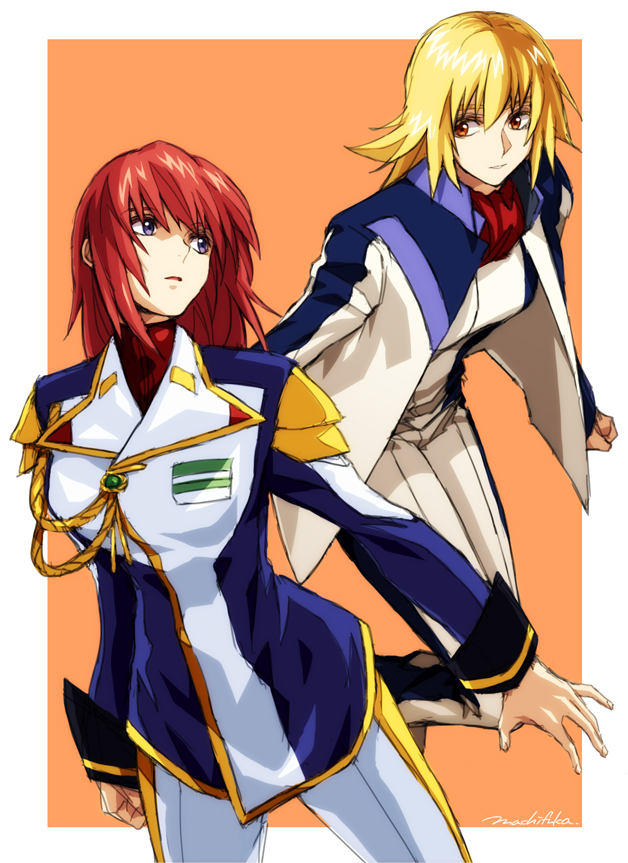2girls aiguillette blonde_hair blue_eyes cagalli_yula_athha canon_memphis cosplay costume_switch crossover gundam gundam_seed gundam_seed_destiny jacket long_hair long_sleeves looking_at_another machi_fuka military military_uniform multiple_girls orange_background orange_eyes pants parted_lips red_hair short_hair signature soukyuu_no_fafner
