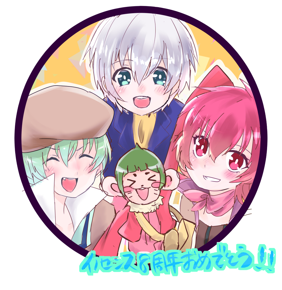 &gt;_&lt; 1girl 2boys blue_eyes blush coat coda_(tales) closed_eyes green_hair grey_hair grin hat iria_animi jacket multiple_boys open_mouth red_eyes red_hair ruca_milda scarf short_hair spada_belforma tales_of_(series) tales_of_innocence