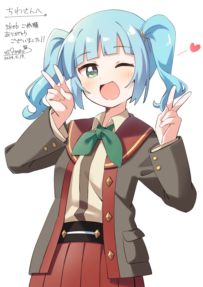 1girl ;d blue_hair blunt_bangs blush borrowed_character brown_jacket collared_shirt commentary_request commission cowboy_shot dated dot_nose double_v green_eyes green_ribbon hands_up haru_(konomi_150) heart jacket long_sleeves looking_at_viewer neck_ribbon one_eye_closed open_clothes open_jacket open_mouth original pleated_skirt red_skirt ribbon shirt short_hair signature simple_background skeb_commission skirt smile solo twintails v white_background white_shirt wing_collar