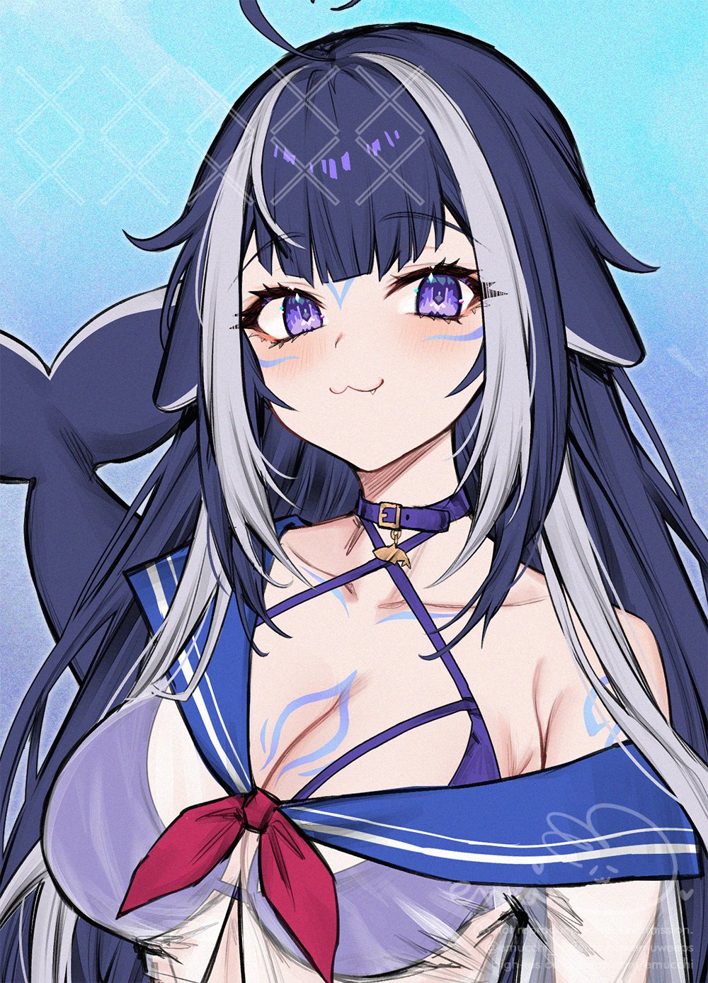 1girl :3 ahoge animal_ears bikini black_hair blue_background blue_bikini blue_sailor_collar blush body_markings breasts cleavage collarbone commentary emu_(confisery) english_commentary facial_mark fang halterneck highres indie_virtual_youtuber large_breasts long_hair looking_at_viewer multicolored_hair purple_eyes sailor_collar school_uniform see-through_clothes see-through_shirt serafuku shylily shylily_(1st_costume) solo streaked_hair swimsuit upper_body virtual_youtuber white_hair