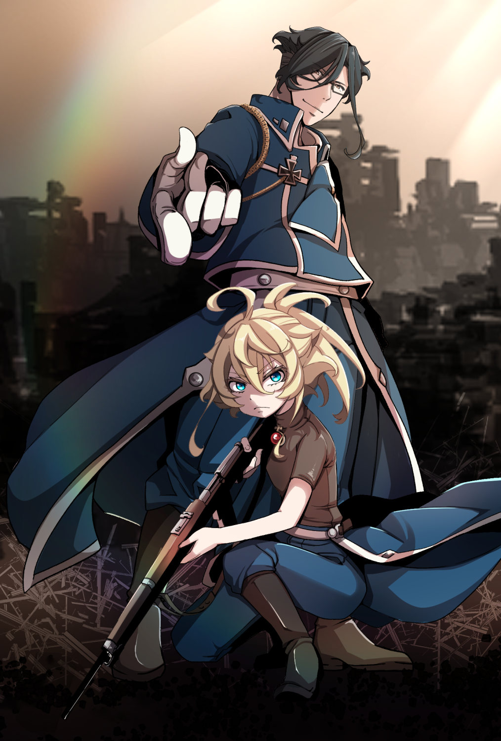 1boy 1girl ahoge black_eyes black_footwear black_hair black_shirt blonde_hair blue_coat blue_eyes blue_pants bolt_action boots city closed_mouth coat cosplay cross erich_von_rerugen facing_viewer foreshortening full_body fullmetal_alchemist glasses gloves gun hal_(goshujinomocha) highres holding holding_gun holding_weapon iron_cross jewelry long_hair long_sleeves looking_at_viewer military military_coat military_uniform necklace outdoors outstretched_arm pants pants_tucked_in ponytail riza_hawkeye riza_hawkeye_(cosplay) roy_mustang roy_mustang_(cosplay) semi-rimless_eyewear shirt short_sleeves smile tanya_degurechaff turtleneck weapon white_gloves youjo_senki