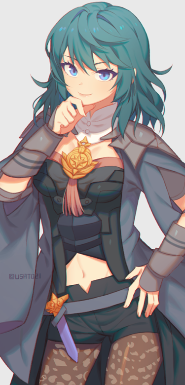 1girl belt black_shorts blue_eyes blue_hair female_byleth_(fire_emblem) closed_mouth coat contrapposto cowboy_shot crests_(fire_emblem) fire_emblem fire_emblem:_three_houses grey_background grey_belt grey_coat hand_on_own_hip long_hair looking_at_viewer midriff navel nintendo pantyhose pantyhose_under_shorts patterned_legwear short_shorts shorts simple_background smile solo standing stomach straight_hair twitter_username wusagi2