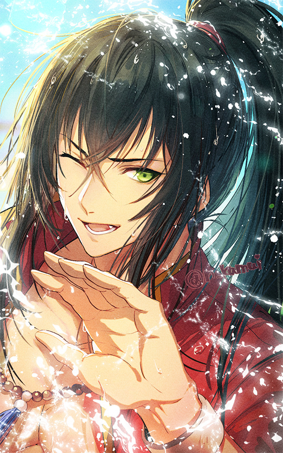 1boy ;d alternate_hairstyle black_hair chain chain_necklace commentary_request fate/grand_order fate_(series) green_eyes hair_between_eyes hand_up jacket jewelry kamui_natsuki long_hair long_sleeves looking_at_viewer male_focus necklace no_tattoo official_alternate_costume one_eye_closed open_mouth pearl_necklace ponytail red_jacket sky smile solo tattoo toned toned_male twitter_username upper_body very_long_hair watch water wristwatch yan_qing_(fate) yan_qing_(training_wear)_(fate)