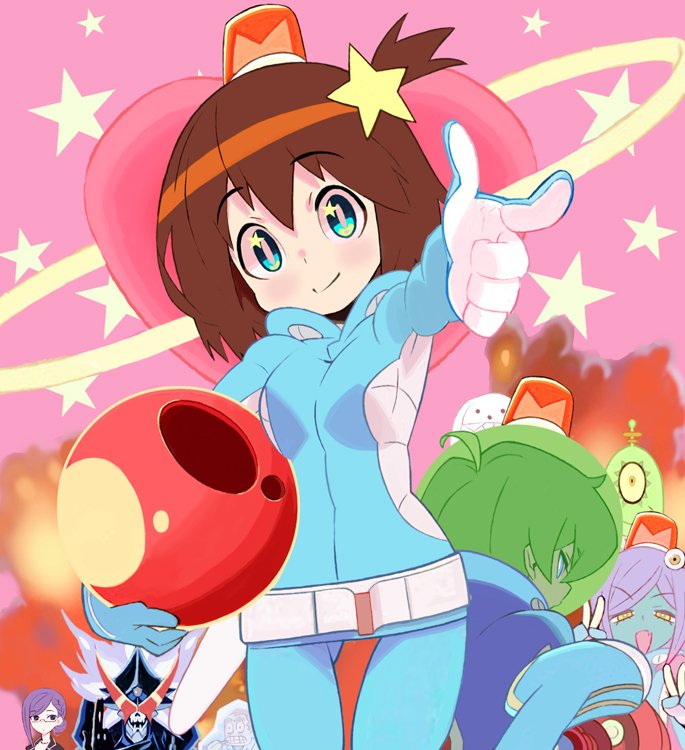 10s 2boys 3girls alien alpha_omega_nova aqua_eyes bodysuit brown_hair colored_skin double_v extra_eyes finger_gun frozen green_skin hair_ornament unworn_headwear helmet unworn_helmet keiji_(uchuu_patrol_luluco) luluco midori_(uchuu_patrol_luluco) multiple_boys multiple_girls one_side_up over_justice pink_background purple_hair rotating_light secretary_(uchuu_patrol_luluco) simple_background smile star_(symbol) star_hair_ornament uchuu_patrol_luluco v wooser_(character) wooser_no_sono_higurashi yellow_eyes yuuki_(irodo_rhythm)