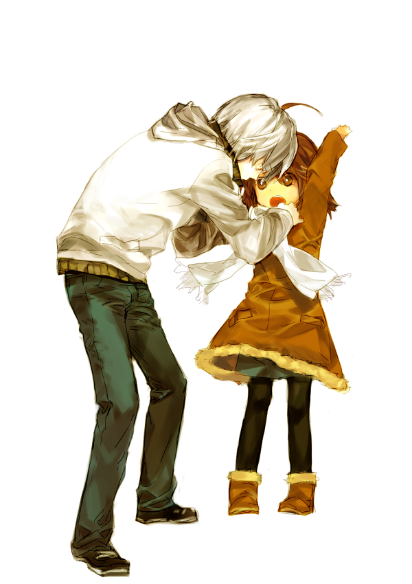 accelerator_(toaru_majutsu_no_index) ahoge albino arms_up bad_id bad_pixiv_id black_legwear brown_eyes brown_hair coat dress-up last_order_(toaru_majutsu_no_index) open_mouth pantyhose red_eyes scarf short_hair sweater toaru_majutsu_no_index uk1440 white_hair