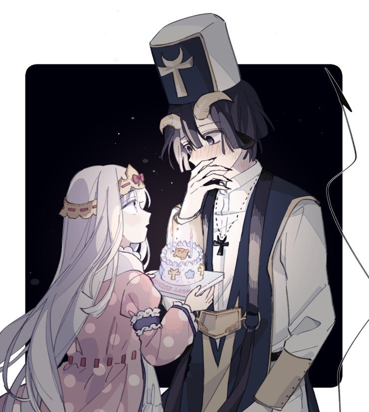 1boy 1girl aurora_sya_lis_kaymin birthday_cake black_background blush cake commentary_request demon_cleric demon_tail food grey_hair hand_on_own_face hat horns jewelry long_hair looking_down looking_up maou-jou_de_oyasumi necklace purple_eyes rdtbkclge5sne9j short_hair tail