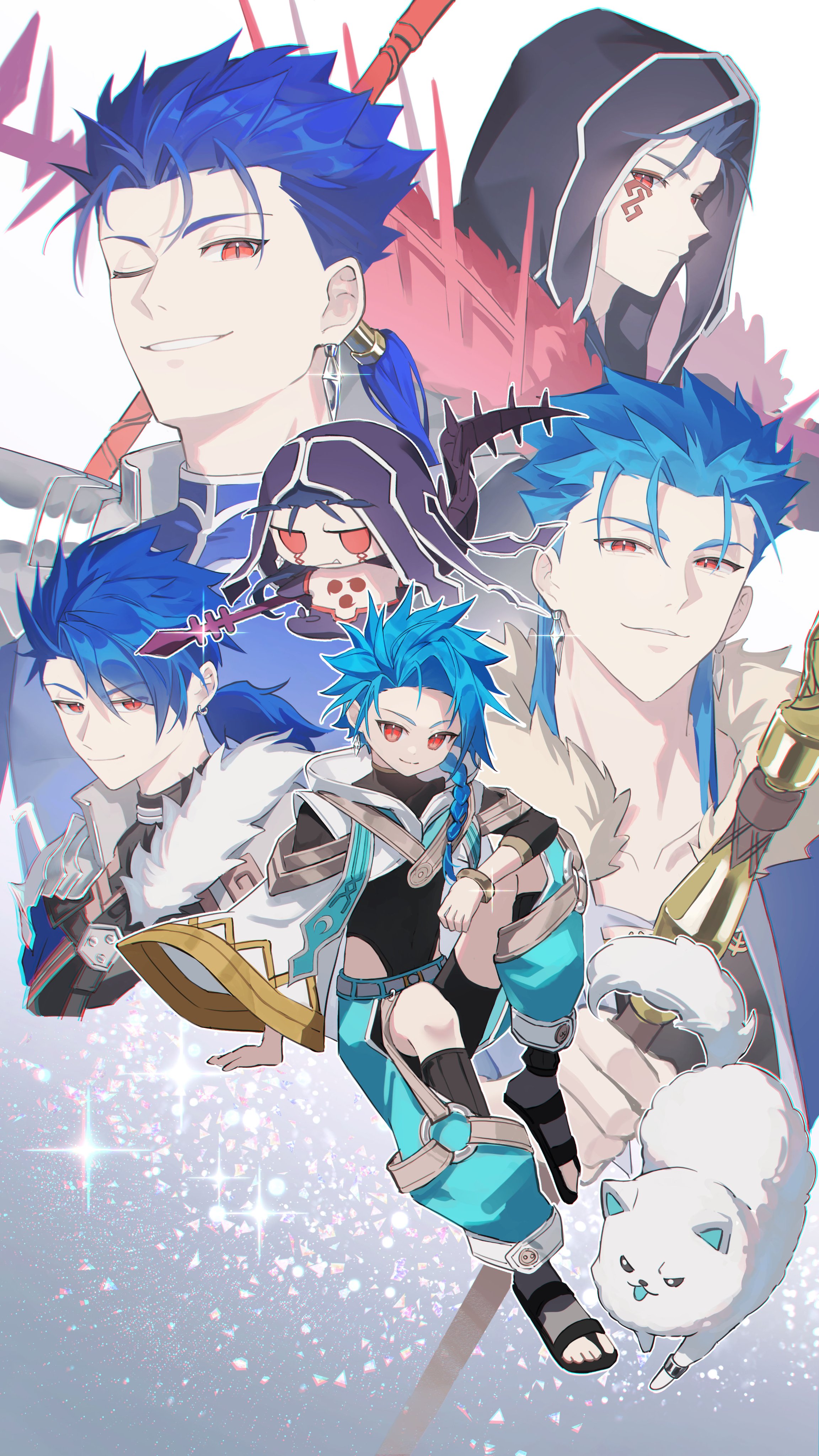6+boys absurdres blue_hair braid braided_ponytail cu_chulainn_(caster)_(fate) cu_chulainn_(fate) cu_chulainn_(fate/prototype) cu_chulainn_(fate/stay_night) cu_chulainn_alter_(fate) dog earrings fate/grand_order fate_(series) fur_trim gae_bolg_(fate) hair_tubes highres holding holding_polearm holding_weapon hood hood_up jewelry long_hair looking_at_viewer male_focus mini_cu-chan_(fate) muling_0v0 multiple_boys one_eye_closed open_mouth polearm ponytail red_eyes setanta_(fate) single_braid single_hair_tube sitting smile weapon
