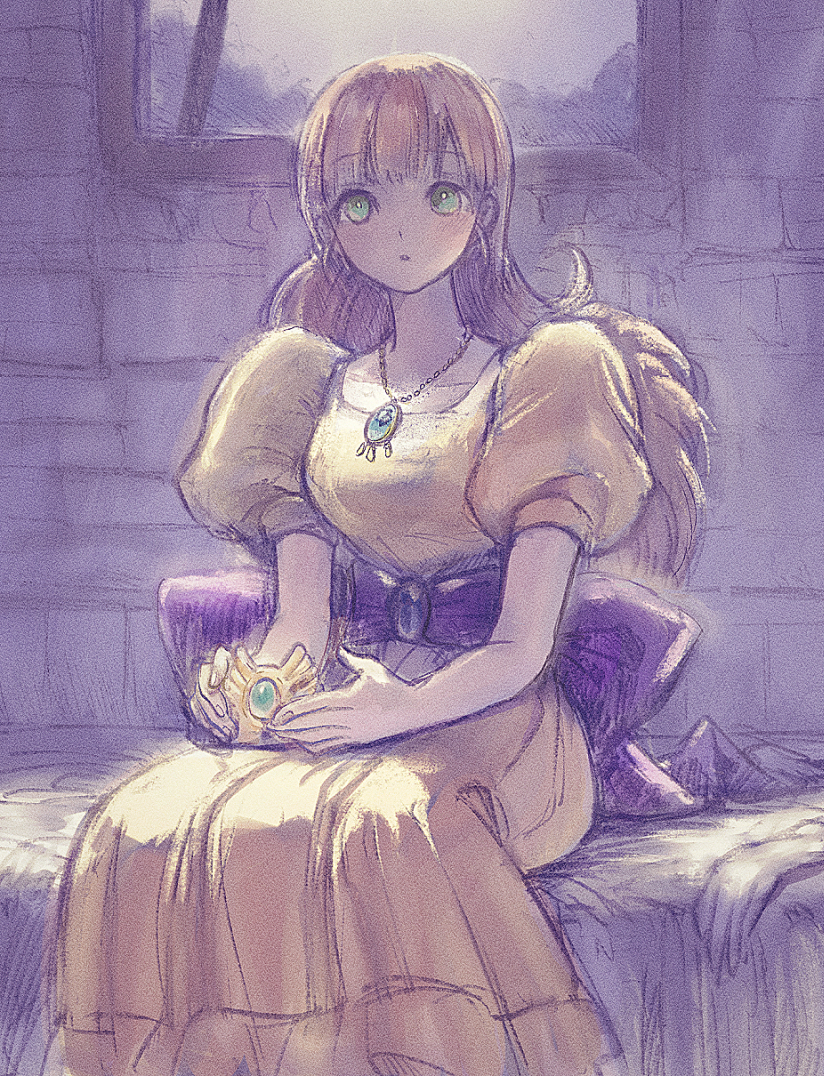 1girl back_ribbon blunt_bangs breasts commentary_request dragon_quest dragon_quest_i dress elbow_gloves feet_out_of_frame gloves holding_tiara jewelry long_hair looking_at_viewer necklace orange_hair parted_lips princess princess_laura puffy_short_sleeves puffy_sleeves purple_ribbon ribbon sash short_sleeves sitting solo stone_wall unworn_gloves white_gloves yellow_dress yuza