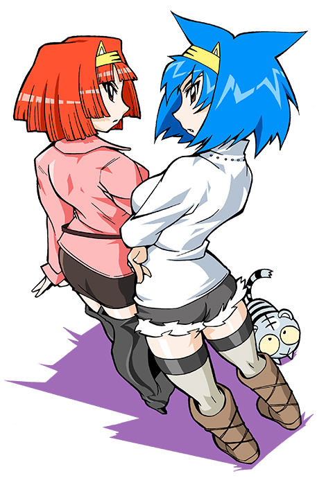 2girls amu_ru animal_ear_headband animal_ears aqua_hair belt benga_ru black_footwear black_outline black_tail blunt_bangs blunt_ends blunt_sidelocks boots breasts brown_belt brown_eyes brown_footwear brown_skirt closed_mouth collar collared_shirt collared_sweater colored_inner_animal_ears colored_sclera cross-laced_footwear crossed_arms cub dutch_angle fake_animal_ears from_above from_behind full_body fur-trimmed_shorts fur_trim grey_fur grey_shorts grey_tail hair_between_eyes headband high_belt high_heel_boots high_heels jewelry large_breasts latex latex_boots legs_apart long_sleeves looking_at_viewer looking_up loose_belt micro_shorts miniskirt mukku_(mook-tv) multiple_girls necklace official_art outline parted_hair pink_collar pink_shirt pink_sleeve_cuffs pink_sleeves profile red_hair second-party_source shadow shiro_kotora shirt shorts siblings sidelocks simple_background sisters skirt sleeve_cuffs small_pupils standing striped_fur striped_hair striped_tail sweater tail teeth thigh_boots thighhighs tiger tiger_ears tora_da_yo. toranoana tsurime turtleneck turtleneck_sweater two-tone_fur white_collar white_sleeves white_sweater wing_collar yellow_headband yellow_sclera yellow_thighhighs