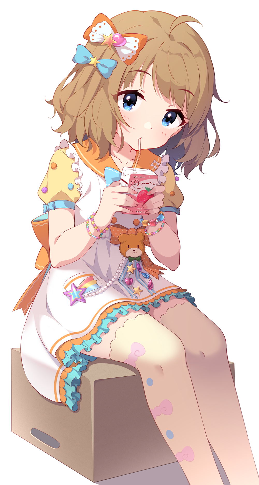 1girl ahoge bendy_straw blue_bow blue_eyes blush bow box bracelet brown_hair brown_thighhighs cardboard_box closed_mouth collarbone commentary_request dress drinking drinking_straw feet_out_of_frame frilled_dress frills hair_bow hair_ornament highres holding idolmaster idolmaster_million_live! jewelry kagami_(galgamesion) looking_at_viewer on_box orange_bow orange_sailor_collar puffy_short_sleeves puffy_sleeves revision sailor_collar sailor_dress short_sleeves sitting solo star_(symbol) star_hair_ornament suou_momoko suou_momoko_(fancy_a_la_mode) thighhighs white_dress