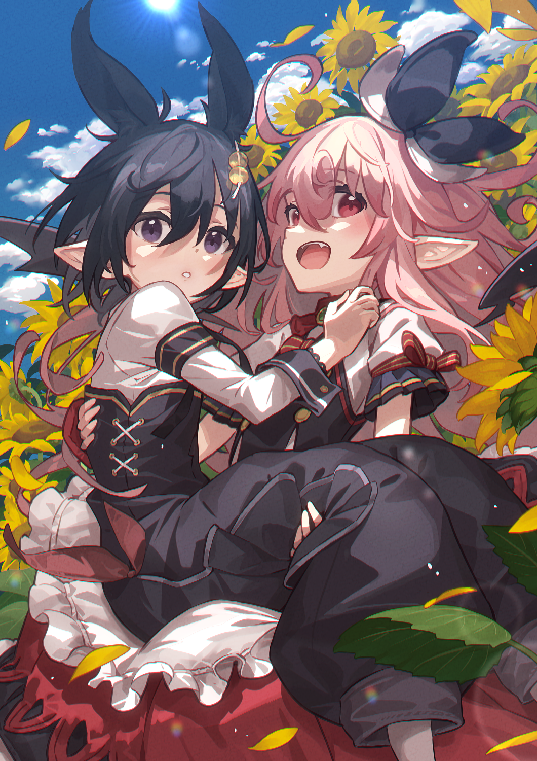2girls ahoge black_hair carrying dress feet_out_of_frame flower hair_ornament highres juliet_sleeves lens_flare long_hair long_sleeves medium_hair multiple_girls narumi_arata open_mouth original pink_hair pointy_ears princess_carry puffy_pants puffy_sleeves purple_eyes recri_(narumi_arata) red_eyes short_sleeves sun sunflower