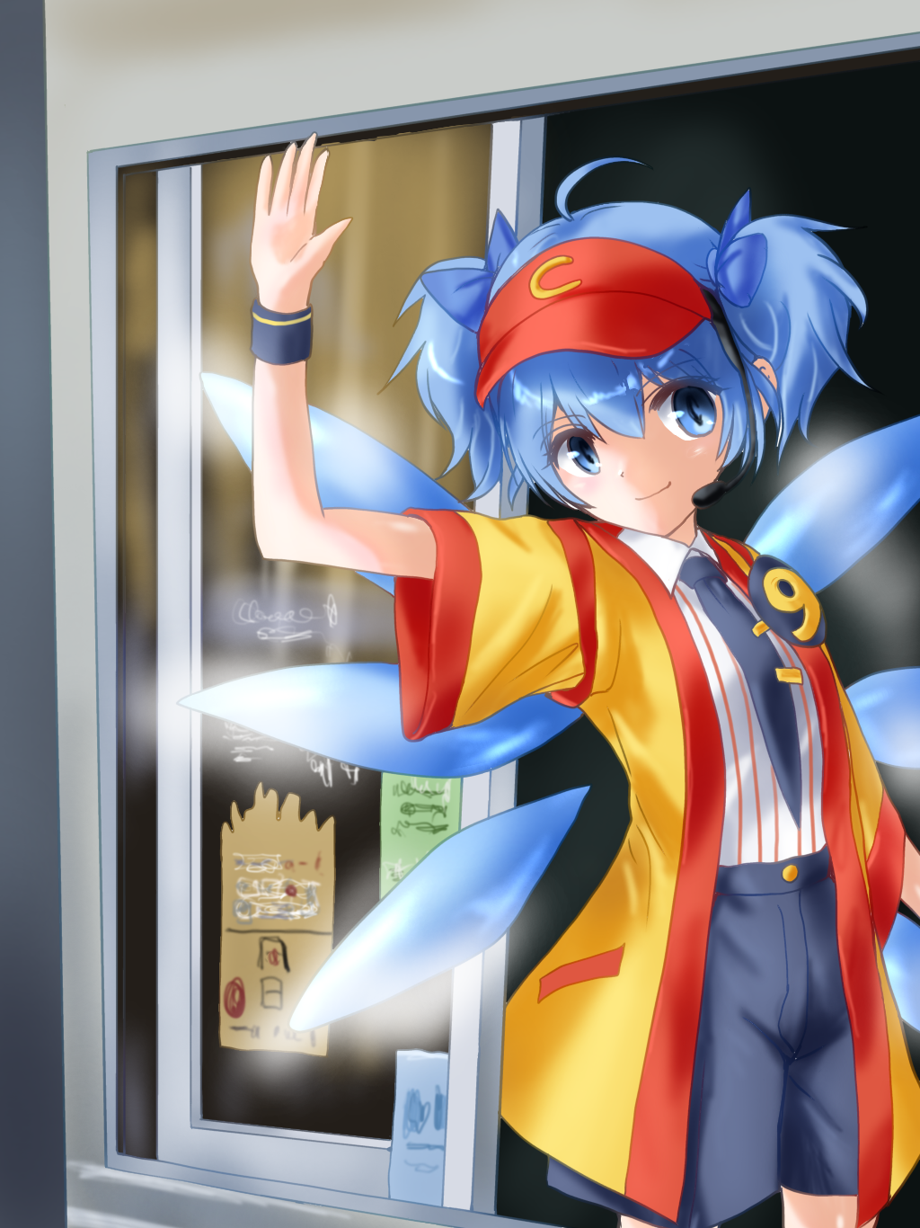 1girl ahoge ankake_hitokaji blue_bow blue_eyes blue_hair bow cirno commentary cosplay employee_uniform fast_food_uniform hair_bow headset highres ice ice_wings imadake_dabuchi_tabemi imadake_dabuchi_tabemi_(cosplay) looking_at_viewer mcdonald&#039;s necktie open_happi shirt short_hair shorts smile solo standing striped_clothes striped_shirt touhou twintails visor_cap voice_actor_connection white_shirt wings yellow_happi